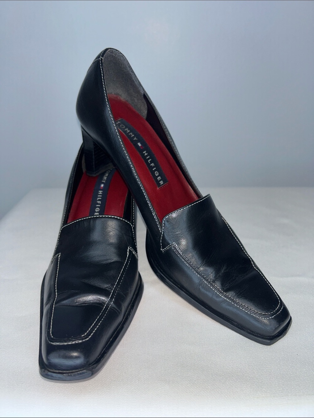 Tommy Hilfiger Black Leather Square-Toe Wooden Heels with Red Insole